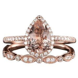 Pear Water Drop Shaped Engagement Ring Set Morganite Bridal Set Rose Gold Halo